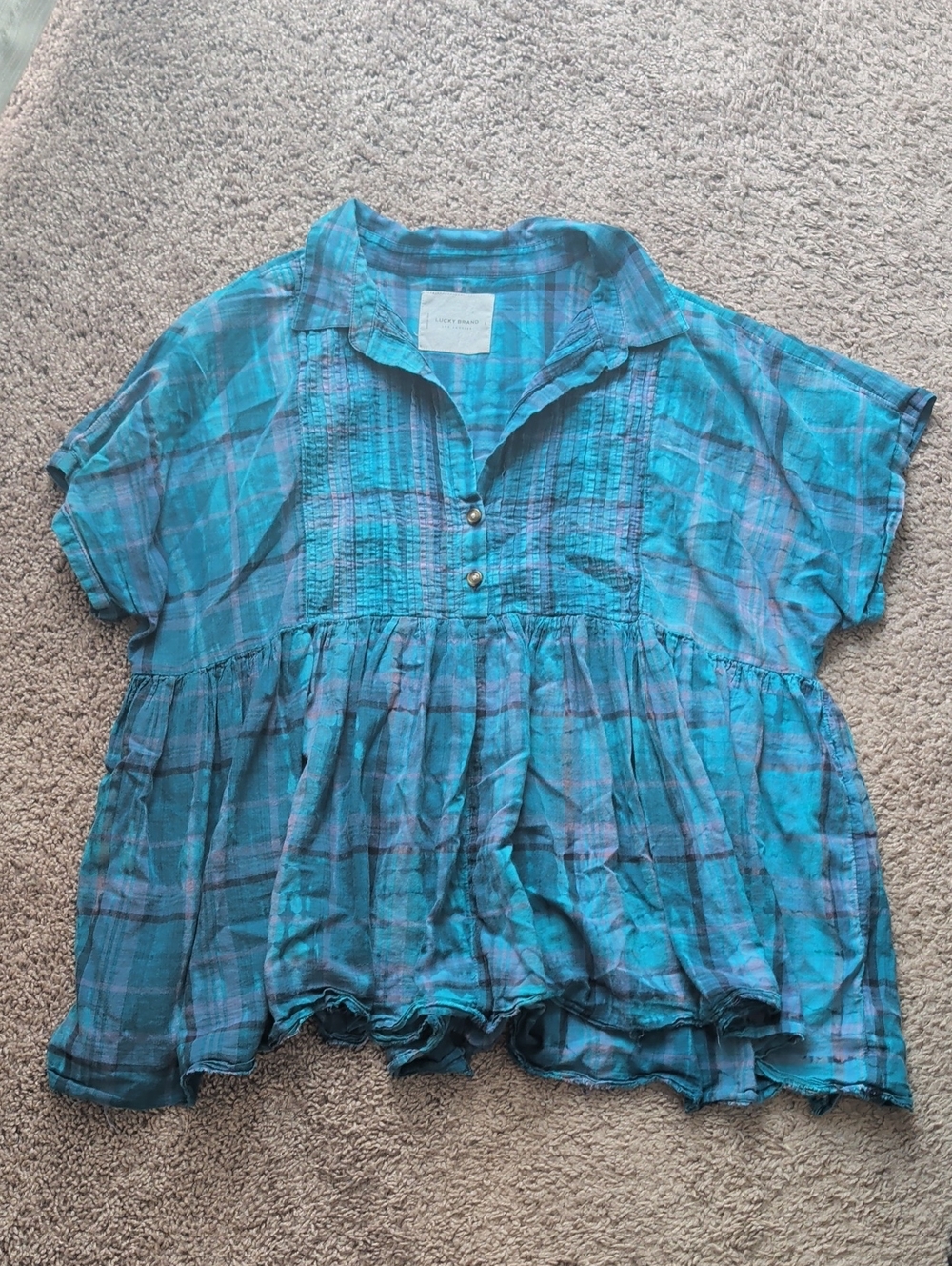 Lucky Brand Blue/Purple Plaid Peasant Top